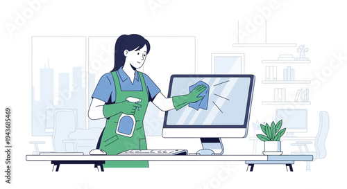 Woman cleaning computer screen with cloth.