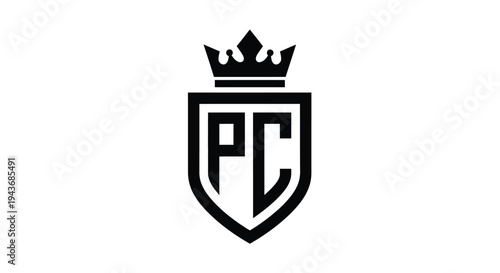 Black shield emblem with the letters pc and a crown above