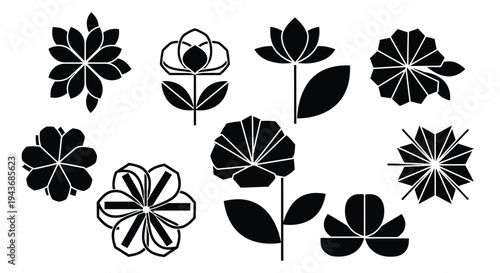 Black and white floral designs a collection of stylized flower silhouettes