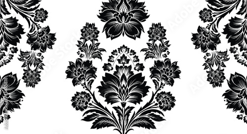 Symmetrical floral arrangement in black and white repeating decorative pattern