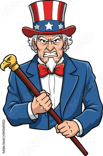 Angry Uncle Sam Holding Eagle Cane Patriotism and American Determination Illustration