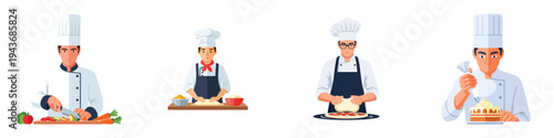 Chefs cooking food in kitchen with different preparations
