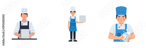 Chefs preparing food with stacked plates