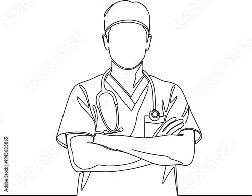 Continuous line drawing of male doctor or surgeon wearing scrubs and stethoscope with arms crossed, medical professional vector illustration.