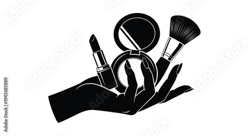 A hand delicately holding cosmetic items lipstick brushes and powder