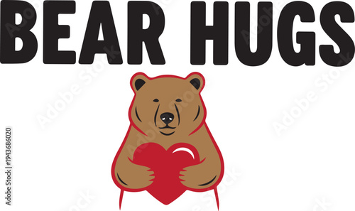 Cartoon bear embraces a red heart displaying affection and warmth