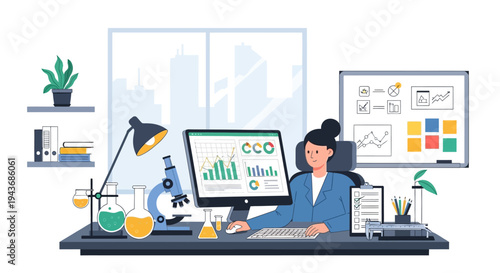 Woman working at desk with computer and science equipment.