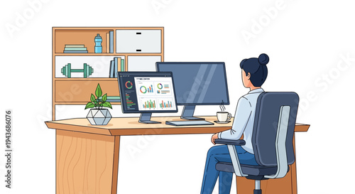 Woman working at desk with computer and tablet.