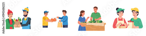 People shopping at market stalls with groceries