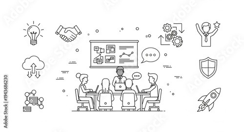 Illustration of Business Meeting with Multiple Participants.