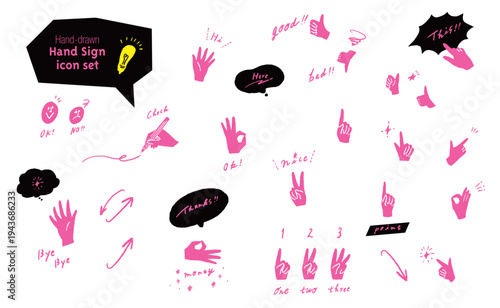 蛍光ピンク色と黒色のおしゃれなハンドサインのアイコンセット　手描きのハンドジェスチャーのイラスト