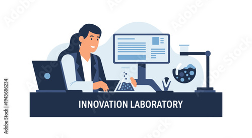Woman working in innovation laboratory with technology.