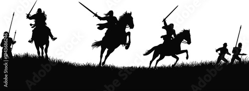 Medieval knights on horseback battle silhouettes with swords and soldiers on battlefield landscape, historical war scene isolated vector style background