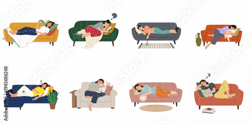 Set of illustrations featuring young women sleeping, napping, or resting on different types of sofas and armchairs in various relaxed poses.