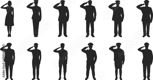 Military soldier salute silhouettes collection including army men and women standing in respect pose, patriotic service members isolated on white background
