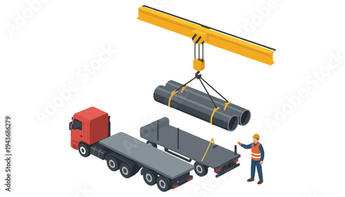 A truck transporting heavy metal pipes with a crane and worker
