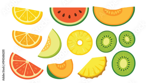A colorful illustration of various fruit slices on a white background