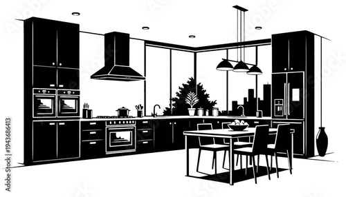 A modern kitchen illustration with dining area and city view