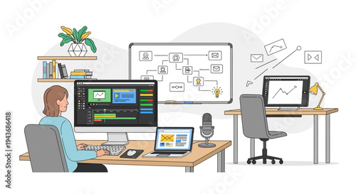 Woman working on computer with video editing software open.