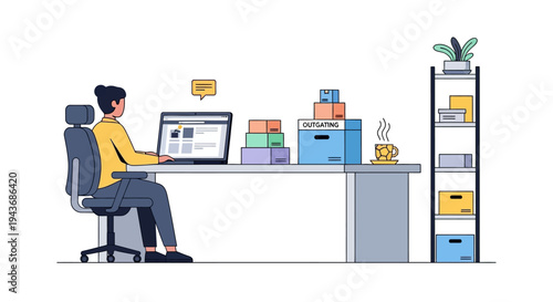 Woman working on laptop at desk with boxes.