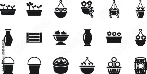 Set of gardening and flower pot icons featuring hanging baskets vases planters seedlings and buckets for home landscaping interior decoration botanical design and horticulture