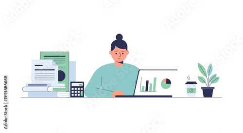 Woman working on laptop with financial charts and documents.
