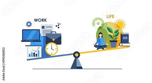 Work life balance concept illustrated on a weighing scale.