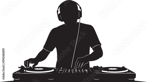white background DJ playing music black silhouette vector