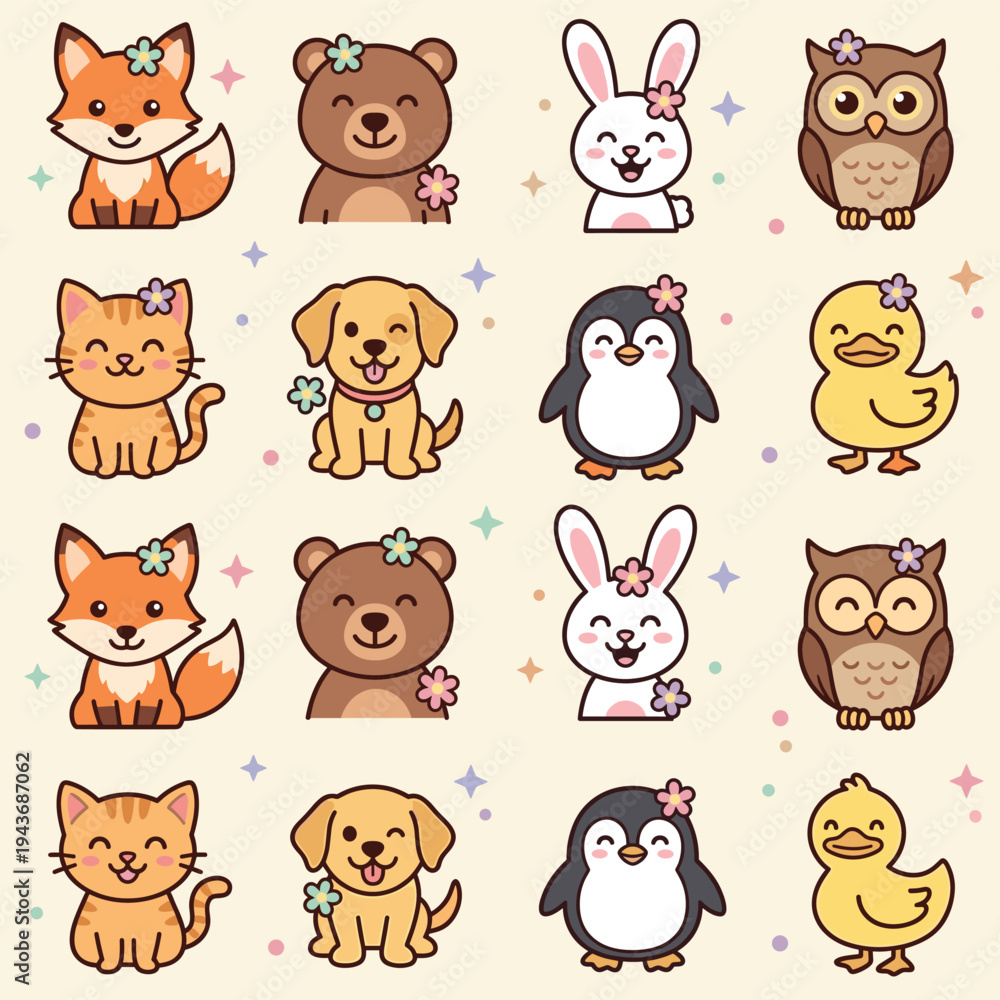 Obraz premium Cute Cartoon Animal Characters with Flowers