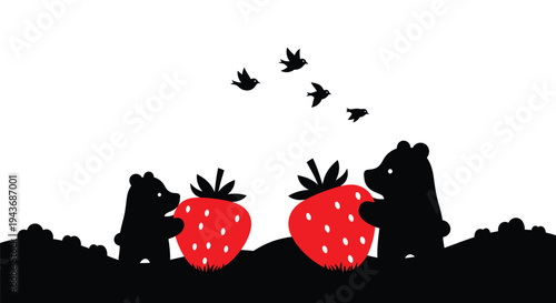 Two bears share large red strawberries under a flock of birds