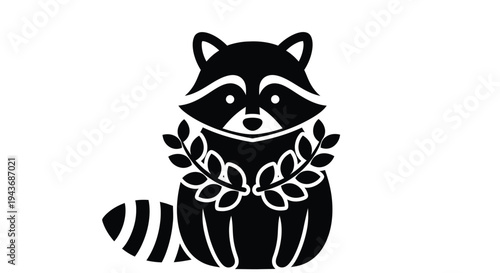 A stylized black silhouette of a raccoon with foliage details
