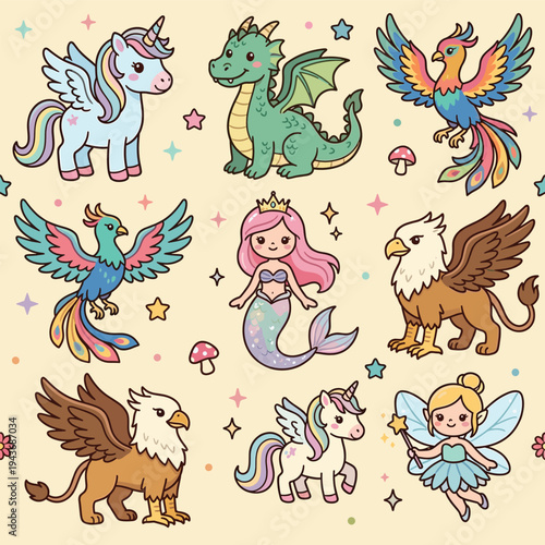 Colorful Fantasy Creatures and Characters Background