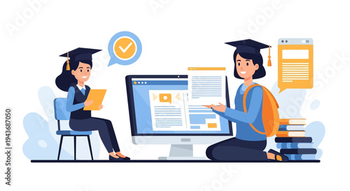 Two students learning online with computer and books.