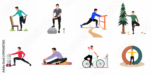 Collection of flat vector illustrations depicting men performing various physical exercises and stretching routines in different outdoor settings.