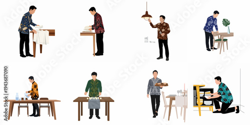 Set of vector illustrations showing men in traditional Indonesian batik shirts performing various restaurant service and dining preparation tasks.