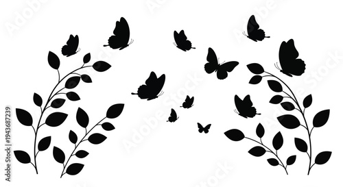 A delicate arrangement of butterflies and leafy branches in black