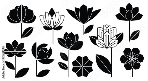 A collection of stylized black floral silhouettes on a white background