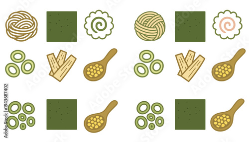 A set of green and beige sushi ingredients illustration vector
