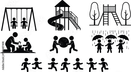Collection of children playground activity silhouettes including swing set, slide tower, sandbox play, running kids and umbrellas in rain, simple park icon set