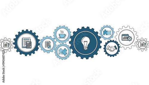 A business gear icon set with a lightbulb and various office tools