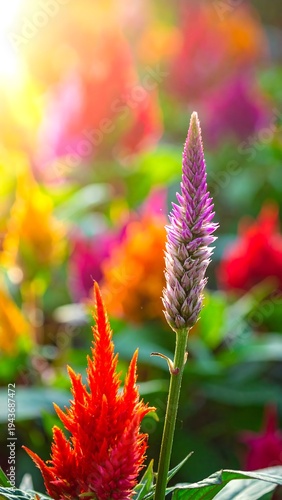 Colorful, sunlit garden scene with various vibrant flower blooms