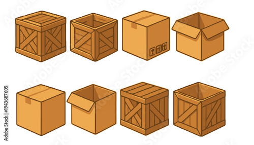 A set of cardboard box illustrations in various states of opening
