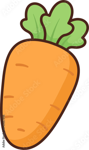 A cute orange carrot illustration with green leaves on top, designed in a simple flat vector style.