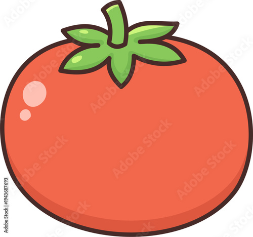 A vibrant red tomato vector illustration with a green stem, designed in a simple and cute flat style.