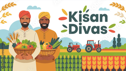 Two smiling farmers holding baskets of fresh produce in a vibrant agricultural field with tractor