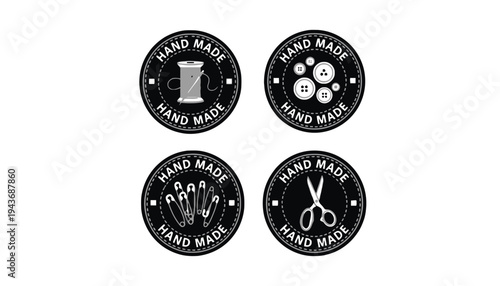 Handmade vector badges with sewing icons on white background