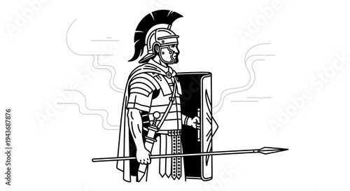 Roman Soldier with Spear and Shield, Ancient Warrior Illustration