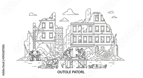 Ruined Cityscape with Soldiers and Debris - Post-War Scene