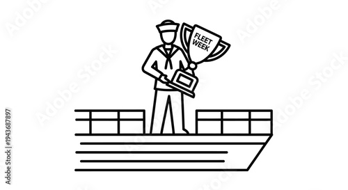 Sailor Holding Fleet Week Trophy on Ship Deck, Award Ceremony Icon