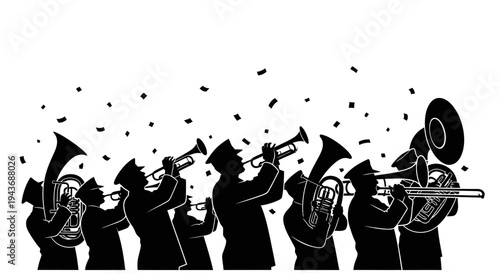 Silhouette marching band playing brass instruments with confetti falling